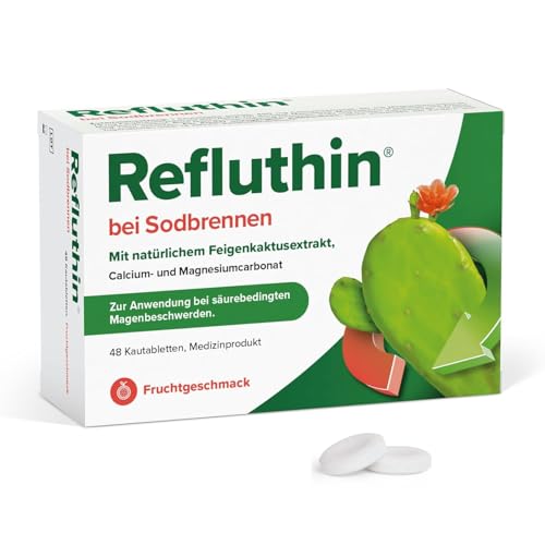 Refluthin bei Sodbrennen | 48 Kautabletten mit Fruchtgeschmack | Medizinprodukt | Reflux-Beschwerden & Sodbrennen | neutralisiert überschüssige Magensäure | vegan & glutenfrei | Sodbrennen Tabletten