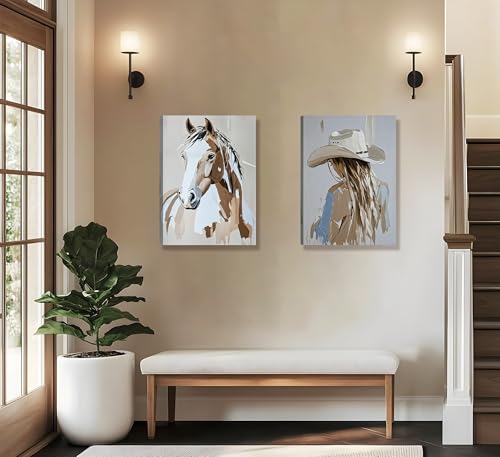 Image of 2pcs Framed Western Cowboy Girl Wall Art Oil painting style Cowboy Girl and Horse Canvas Print Poster Rustic Farmhouse Wall Decor for Living Room Bedroom Home Decoration