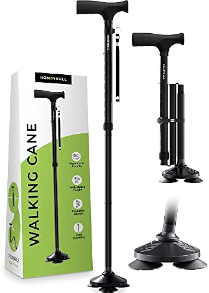 HONEYBULL Walking Cane for Men & Women - Foldable, Adjustable, Collapsible, Free Standing Cane, Pivot Tip, Heavy Duty, with Travel Bag | Walking Sticks, Folding Canes for Seniors & Adults [Black]