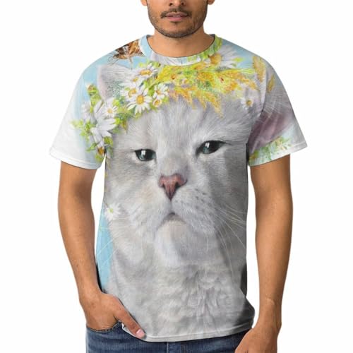 T-shirt chat fleur papillon à col rond pour homme en coton