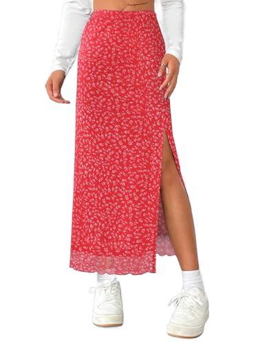 Avanova Women Boho Floral Mesh Slit Split Maxi Skirt High Waisted Sexy Long Skirts Red Floral Medium
