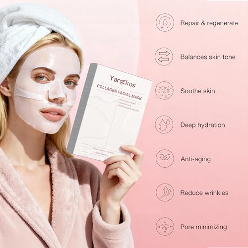 Yargkos 8 Pcs Collagen Facial Mask, Real Deep Overnight Hydrogel Face Sheet Mask Skincare, Moisturizing Hydrating Jelly Gel Mask, Elasticity Improvement, Pore Minimizing, Self Care Gifts for Women