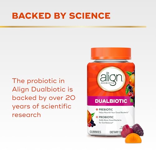 Image of Align Dualbiotic, Prebiotics and Probiotics for Women and Men, Probiotics for Digestive Health, Prebiotics Help Nourish Good Bacteria, Natural Fruit Flavors, 90 Probiotic Gummies (Packaging May Vary)