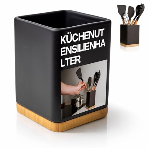 KOOK TIME Küchenutensilienhalter - Utensilienhalter küche aus keramik und Bambus - Quadratischer küchenhelfer aufbewahrung - Schwarz - 10,5 x 10,5 x 15 cm