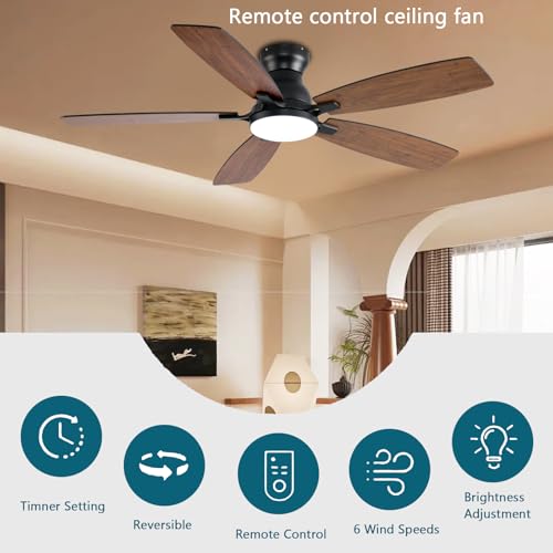 Image of JSAITEE Ceiling Fans with Lights, 52 Inch Low Profile Ceiling Fan with Light and Remote Control, Flush Mount, DC Reversible Motor, Noiseless, Brown 6 Speeds Ceiling Fan for Bedroom