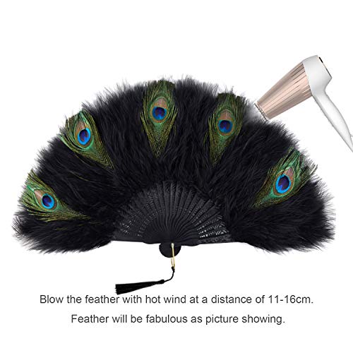 BABEYOND Damski wachlarz Marabou z piórami w stylu vintage w stylu retro w stylu retro Gatsby, akcesoria (czarny uchwyt – czarne pawie pióro)