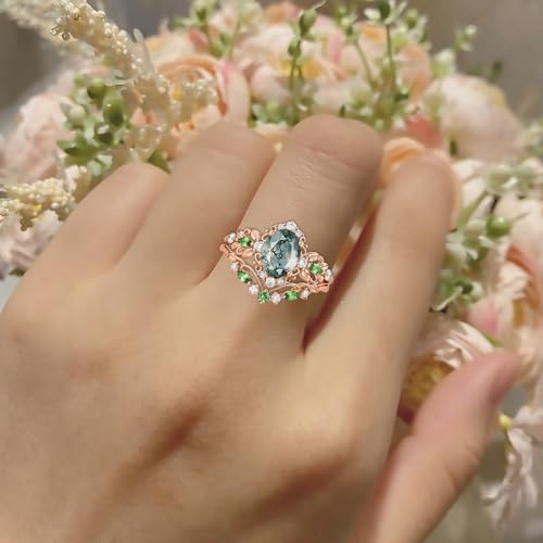 Natural Moss Agate Engagement Ring Set 925 Sterling Silver/10K Gold Rose Gold Anniversary Promise Moss Agate Jewelry Women's Exclusive Ring for Mother or Wife2