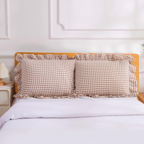 Taupe and White Plaid Ruffle Pillowcases Farmhouse Standard Size Pillow Shams,Classic Checkered Gingham Pillow Cover Washed Cotton Pillow Cases Set of 2, 20"x26",Taupe/White Plaid