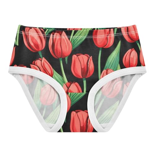 Toddler Underwear Floral 2t Cotton Panties for Girl Colorful Briefs Kids Undies Red Tulip Flowers Green Leaves Black