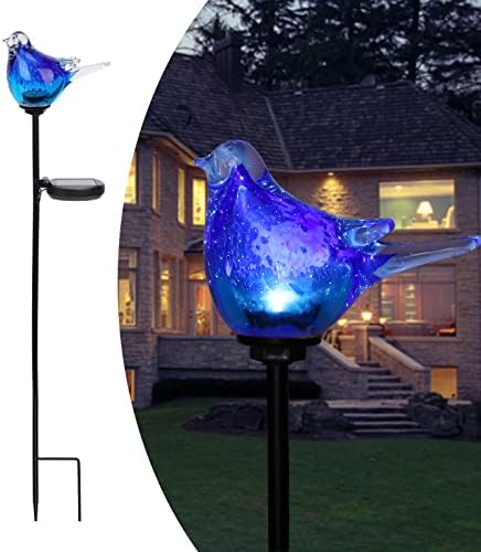 Afirst Solar Bluebird Garden Stake Lights - Hand Blown Glass Decorative Garden Pathway Lights Outdoor Waterproof Bird Glass Stakes