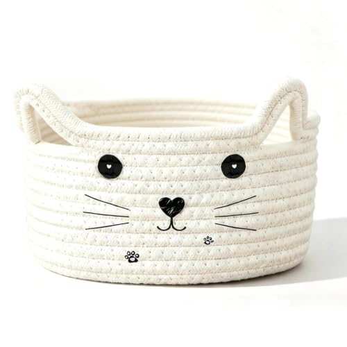 DIYCUT Panier Rangement Petit, Panier en Coton, Corbeille Rangement Chambre en Forme de Chat, Rangement Jouet Blanc, Peut Contenir Serviettes, Jouets et...