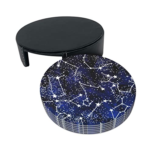 Glow In The Dark Printed Coasters Set Of 6, Pu Leather Round Coasters With Holder, Drinking Coasters Coffee Cup Mat For Bar Kitchen Home #TOP1
