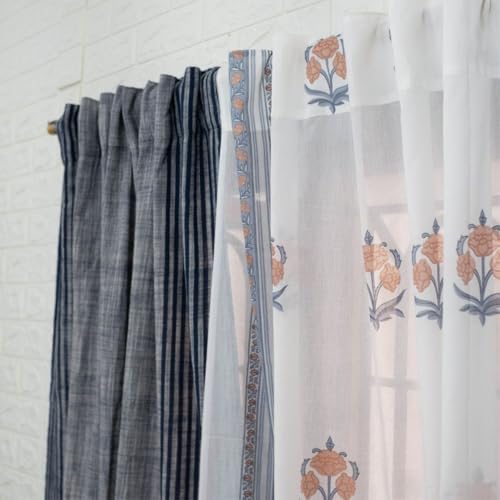 Image of Peepul Tree Pure Cotton and fine Mulmul Curtain Set of 2 Handwoven and 1 Sheer Curtain | Blue and Dusty Pink | 7 ft| Set of 3 | Royal Courtyards Collection