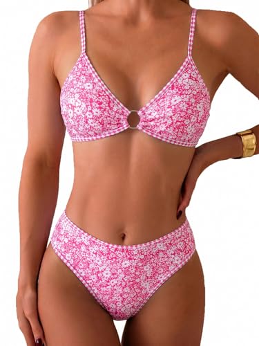 Image of Fanuerg Women's Triangle Bikini Sets O Ring Linked Two Piece Swimsuits Floral Printed Cheeky Bathing Suit