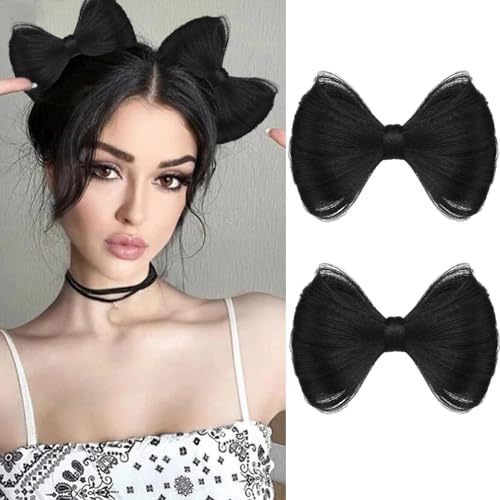 Ncozwo 2 Pcs Bowknot Hair Bun Hair Pieces Small Hair Bow Bun Hair Barrette For Women Natural Black Synthetic Fake Hair Scrunchies Extensions Hairpieces Hair Bun Clip Styling Hair Accessories cover