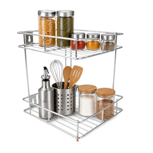 Image of Zepdos 2 Tier Stainless Steel Kitchen Organizer Rack, Wall Mounted Spice Rack & Countertop Storage Shelf for Kitchen, Bathroom & Pantry, Multipurpose Storage Stand for Jars, Oil Bottles & Utensils