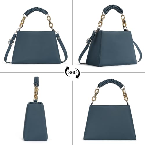 Image of Women's Teal Blue Structured Handbag with Chain Handle | Braided Top Handle, Gold-Tone Chain, Adjustable Crossbody Strap, Woven Strap Detail, Structured Design