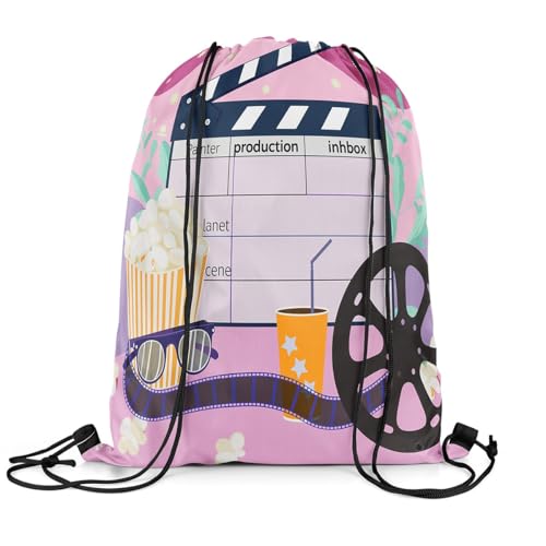 Erosebridal Home theater Drawstring Backpack 13X15.7 for Family Popcorn Filmstrip Print Drawstring Bags Clapper Board Decor Draw String Back Bag Movie Theme String Backpack Film Cinema Cinch Bag2