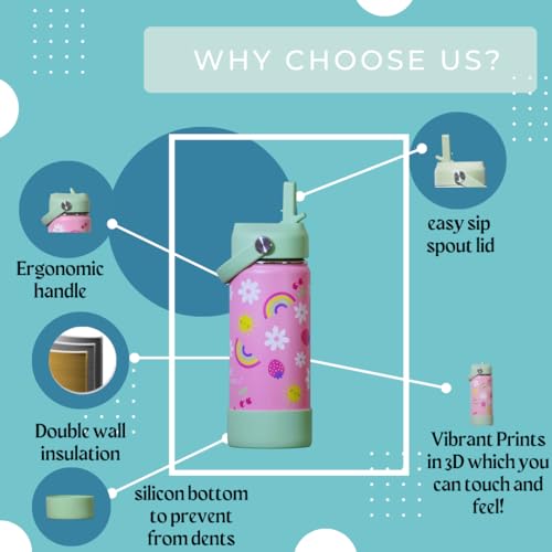 Image of TOM & BELL Insulated Water Bottle for Kids 500ml,Double Wall Water Bottle for School, Sipper Bottle,Hot and Cold,Premium Rust Resistant 304 Stainless Steel, with Silicon Bottom Sleeve(Flower, 500ml)