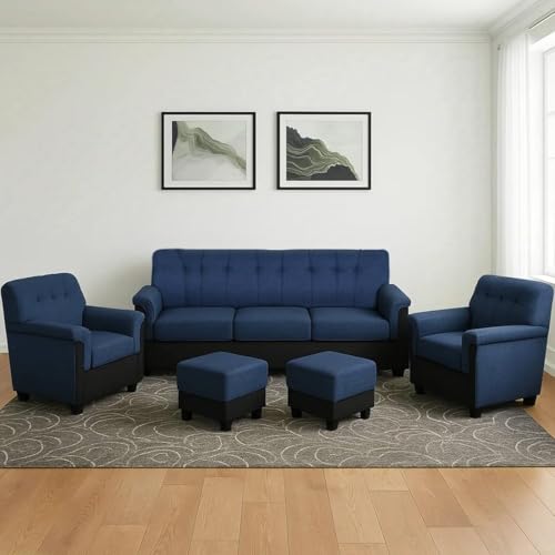 Image of Furny Woodsavo 5 Seater Sofa Set with Velvet Fabric, 3+1+1+2 Puffy Sofa Set for Living Room (Blue-Black Color) | Soft Velvet Fabric | Modern Design | Comfortable Seating | Living Room Furniture
