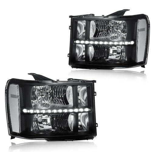 DimFlux LED Headlight Assembly for 2007-2013 GMC Sierra 1500/2007-2014 Sierra 2500HD Fit 2007-2014 Sierra 3500HD Driver Left & Passenger Right Side Replacement Black Housing Clear Reflector