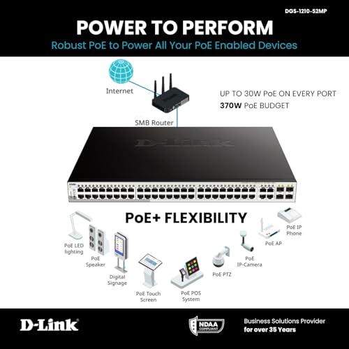 Image of D-Link 52-Port Gigabit Smart Managed PoE+ Switch | 48 PoE+ Ports (370W) + 4 Combo SFP Ports| L2+ |VLANs |Web Managed |Surveillance Mode | Rackmount | NDAA Compliant | Lifetime Warranty (DGS-1210-52MP)