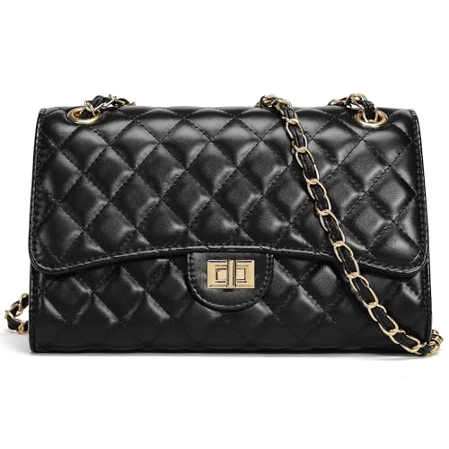 Quilted Crossbody Purse for Women Trendy Ladies Shoulder Bag with Chain Strap PU Leather Cross Body Bags Satchel HandBag,Black