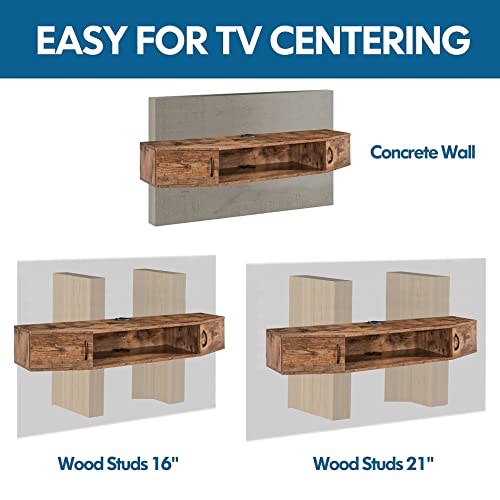 FITUEYES Floating TV Stand Wall Mounted TV Shelf Entertainment Center, Media Console with Cabinet Modern Component for Storage Hutch Under TV for Living Room Office,Rustic Brown