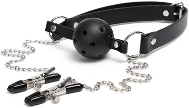 Vegan Leather Ball Gag with Nipple Clip, Bondage, BDSM