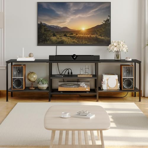 Image of HOOBRO TV Stand with Power Outlets to 75 Inches, TV Console Table with Open Storage Shelves Cabinet, Industrial Media Entertainment Center for Living Room Bedroom, Black BB80DS01