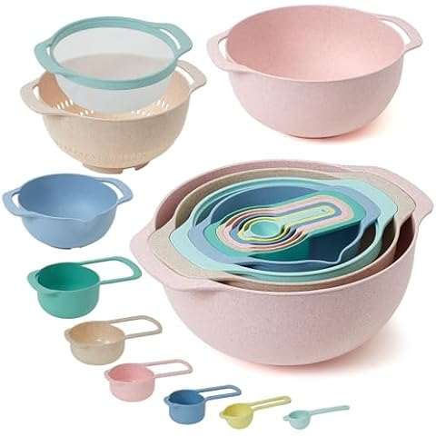 Walpck 10 Pcs Plastic Mixing Bowls Set with Measuring Spoon, Colorful Serving Bowls for Kitchen, Ideal for Baking, Prepping, Nesting Bowls for Space Saving Storage Cover