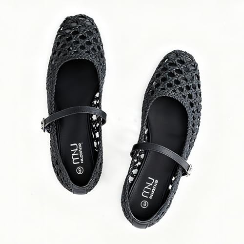 Samilor Hand-Woven Mary Jane: Mesh Ballet Flats for Women with Adjustable Buckle Strap & Memory Foam Cushion - Square Toe Casual Comfortable Faux Leather Women Shoes - Black 8