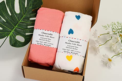 Muslin Crib Sheets 2 Pack For Girl, Soft Breathable Baby Fitted Sheet 28" X 52" Compatiable With Standard Crib Mattress And Toddler Bed Mattress, Solid Pink And Colorful Heart #TOP6