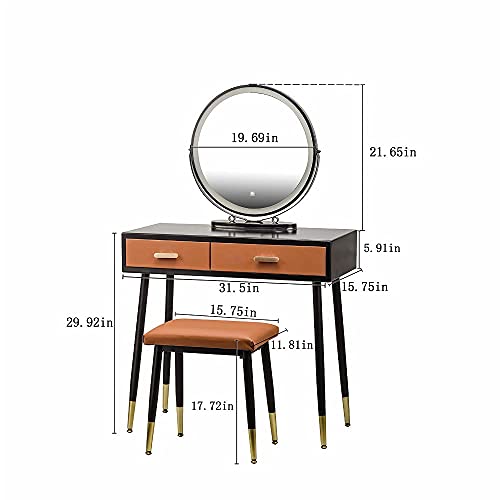 YOURLITE Makeup Vanity Table Set with 3 Modes Adjustable Lighted Mirror Cushioned Stool,Orange PU Leather Dressing Table - Thumbnail 4