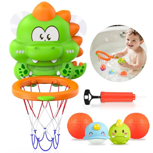 Topsolid Bathtub Basketball Hoop for Kids – Dino Style 2-in-1 Bath Toys with Strong Suction Cups & 4 No Hole Balls | Fun Shooting Game for Baby Toddler Boys & Girls Ages 1-8