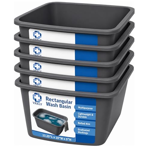 Vakly Wash Basin 7-Quart [5 Pack] – Rectangular Plastic Tub with Graduated Markings, Small Portable Soaking Basin for Face, Foot Bath, Laundry & Bedside Care