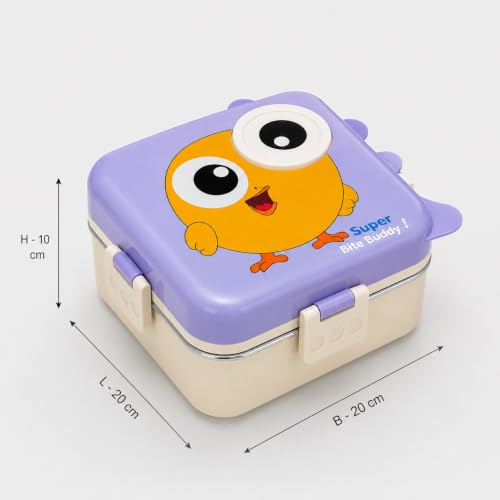 Image of Homy Super Bite Buddy Cartoon Kids Lunch Box with Compartments - Air Vent, Spoon, Sauce Container & Stainless Steel Tray - Purple Chick Design (1100ml+50ml) (Purple)