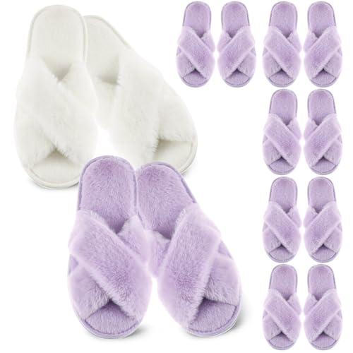 Image of Cutecrop 7 Pairs Sage Green Blue Purple Bridesmaid Slippers Women's Cross Band Fuzzy Bridal Party Slippers Bachelorette Gifts for Wedding Bridal Shower Party