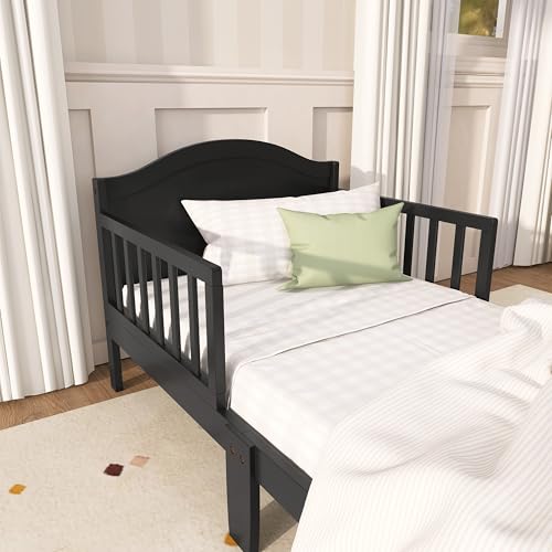 Image of Dream On Me Sydney Toddler Bed, GREENGUARD Gold, Pinewood, Black | Solid Arched Panel, Low to Floor Bed, 2 Safety Guard Rails, Sturdy Wooden Frame, 50 Lb Limit, BSA Verified
