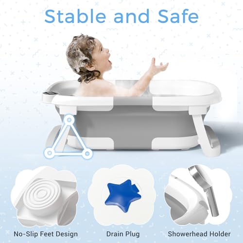 Image of BUNWAG Classic Baby Bathtub, Infant Bath Tub for Newborn to Toddler (0-12 Months),Collapsible Newborn Bathtub with Soft Cushion and Non-Slip Feet, Foldable Travel Bathtub for Easy Storage