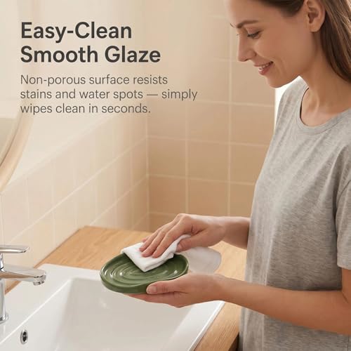 Image of Ceramic Soap Dish with Swirl Grooves, Easy to Clean Soap Holder, Soap Saver Tray for Bathroom, Kitchen & Shower (Green)