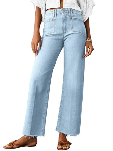 Cicy Bell Womens High Waisted Cropped Jeans Trendy Stretchy Baggy Straight Leg Raw Hem Capri Denim Pants