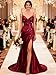 Satin Mermaid Prom Dress Lace Appliques Spaghetti Strap V Neck Wine Red Prom Dresses for Women Long Pleated Open Back Evening Gown with Slit