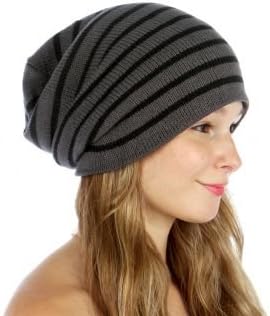 Soft Slouchy Long Beanie Hat (Gray with Stripes)