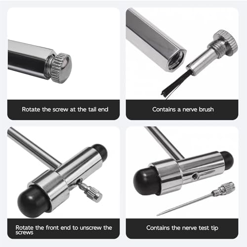 Neurologischer Reflexhammer mit Eingebautem Pinsel,Neuro Reflexhammer mit Doppel-Kunststoffkopf, Multifunktionaler Reflexdiagnosehammer für Fachkräfte, Schwarz, 18 cm