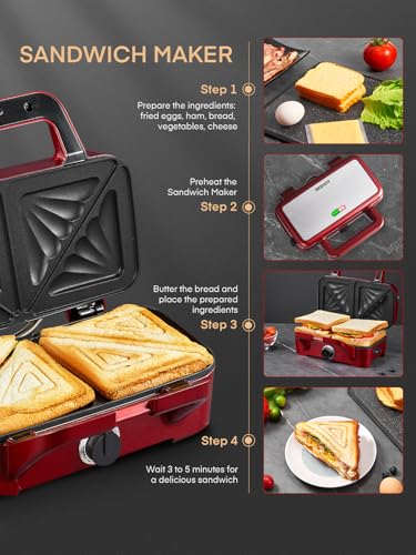 Miniatura 7 de Sandwichera 3 En 1, 1200w Grill, Gofrera Y Sandwichera, Control De Temperatura De 5 Velocidades, 3 Placas Antiadherentes Y Extraíbles, Asa De Toque Frío, Led Indicadores Luminosos, Libre Bpa, Rojo