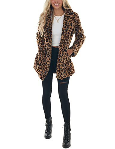 Omoone Women's Faux Fur Jackets Autumn Winter Leopard Coats Loose Fur Coat with Pockets(3361-Brown-S)
