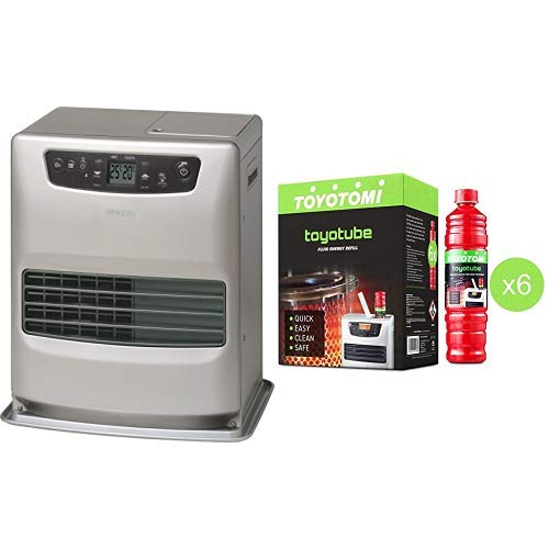 Zibro Lc 32 Stufa a Combustibile Elettronica, 3200 W, Argento, da 21m2-52m2, con Toyotube - Ricarica Rapida per stufe Toyotomi - Confezione da 6 bottiglie da 1,4 L + filtro adattatore