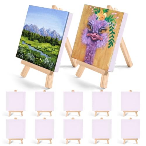 AMFUN 10PCS Mini Lienzos con Caballete de Madera, 10X10 CM, Mini Soporte de Madera de la Caballete Caballete Para Pintar, para Manualidades De Mesa, Pinturas Al ÓLeo