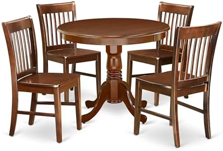 East West Furniture ANNO5-MAH-W 5 Piece Dining Set Includes a Round Dining Room Table with Pedestal and 4 Wood Seat Chairs, 36x36 Inch, Mahogany
